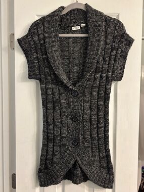 Cato Short-Sleeve Shawl Collar Button-Up Sweater - Charcoal